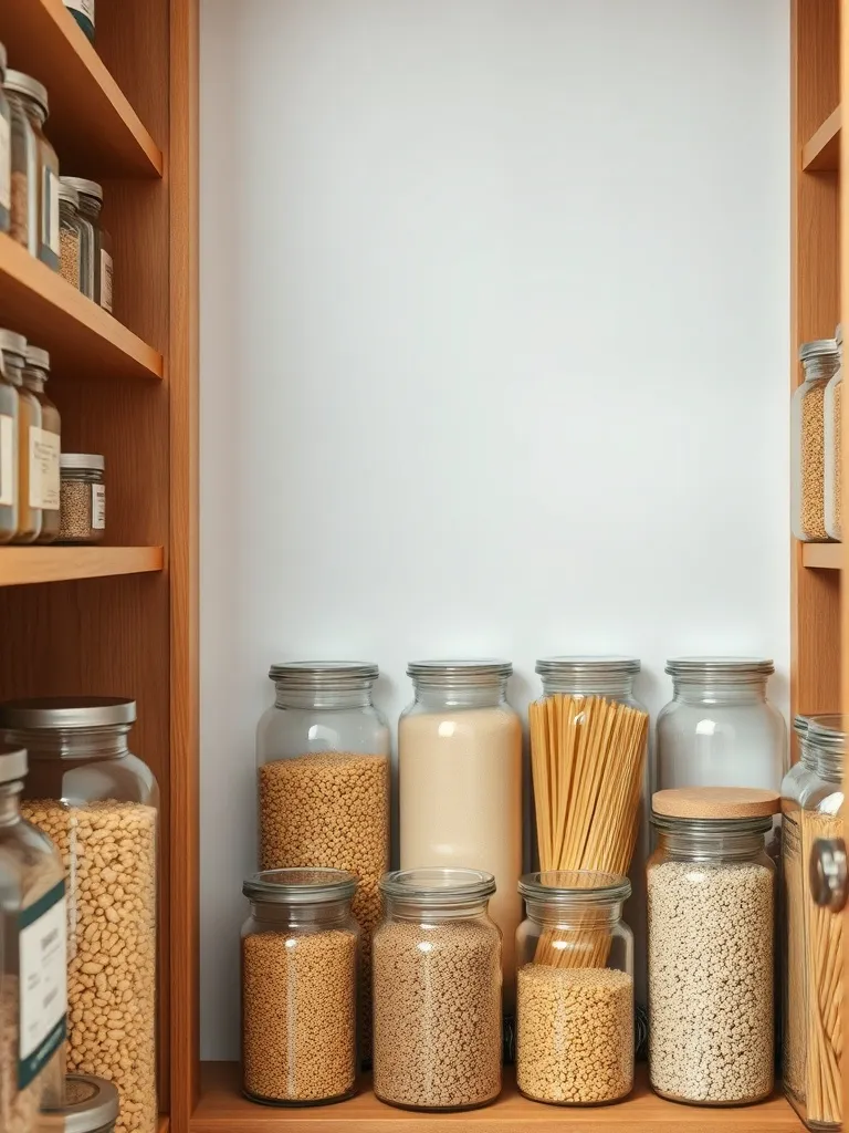 Pantry with organized glass jars of grains and pasta, minima