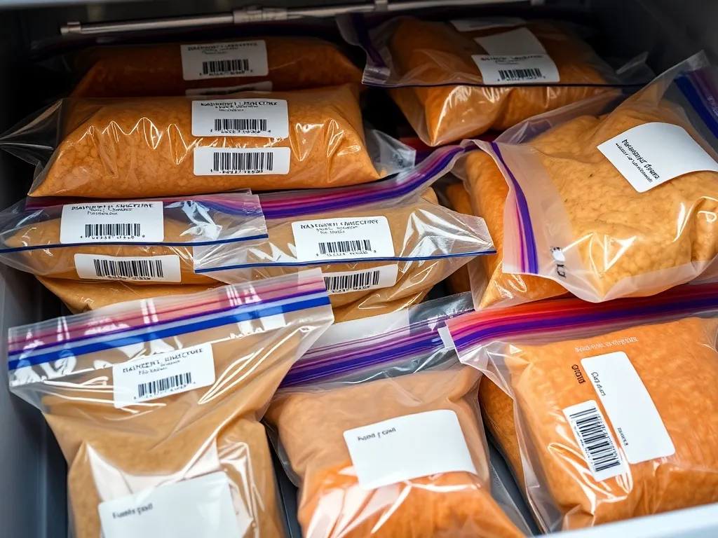 Close up of vacuum sealed food bags with labels, organized i
