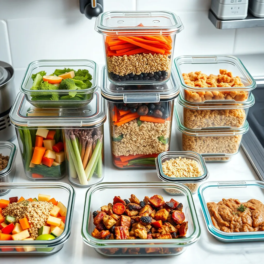 High-angle shot of organized glass meal prep containers with