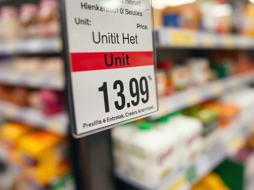 Close up of a supermarket price tag showing unit price, macr