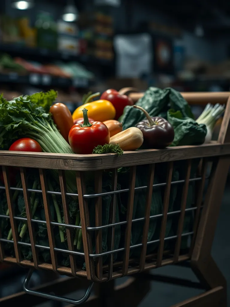 Close-up of a wooden grocery cart with fresh vegetables, dar