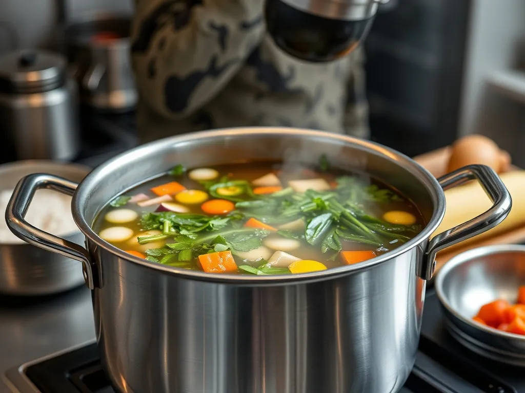 Large stainless steel pot with boiling vegetable stock, stea