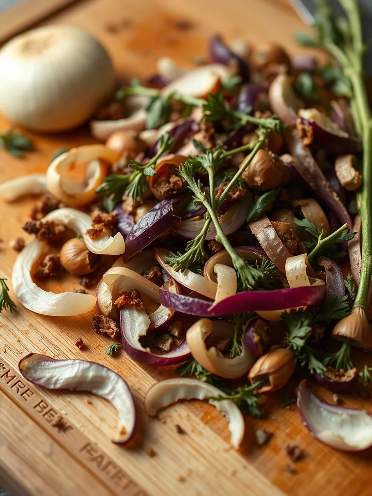 Professional kitchen close-up of vegetable scraps, onion pee